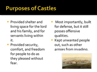 Provided shelter and living space for the lord and his family, and for servants living within it. Provided security, comfort, and freedom for people to do as they pleased without fear. Most importantly, built for defense, but it still posses offensive qualities. Kept unwanted people out, such as other armies from invading. Smith, Beth. Castles. United States of America: Copyright, 1988. Print. http://www.shop.isleofman.com/acatalog/JG006.jpg 