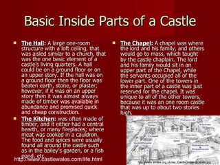 Basic Inside Parts of a Castle The Hall :  A large one-room structure with a loft ceiling, that was aisled similar to a church, that was the one basic element of a castle’s living quarters. A hall could be on a ground floor or on an upper story. If the hall was on a ground floor then the floor was beaten earth, stone, or plaster;   however, if it was on an upper story then it was almost always made of timber  was available in abundance and promised quick and cheap construction. The Kitchen :  was often made of timber, and it either had a central hearth, or many fireplaces; where meat was cooked in a cauldron. The food and spices were usually found all around the castle such as in the bailey’s garden, or a fish pond, etc.  The Chapel :  A chapel was where the lord and his family, and others would go to mass, which taught by the castle chaplain .  The lord and his family would sit in an upper part of the Chapel, while the servants occupied all of the lower part. One of the towers in the inner part of a castle was just reserved for the chapel. It was unique to all of the other towers, because it was an one room castle that was up to about two stories high.  http://www.castlewales.com/life.html http://www.strose.org.uk/i/sr_CastleDrawingLabels.jpg 