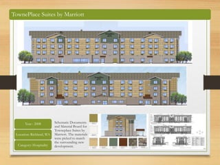 Schematic Documents
and Material Board for
Towneplace Suites by
Marriott. The materials
were picked to match
the surrounding new
development.
Location: Richland, WA
Category: Hospitality
Year : 2008
Location: Richland, WA
Category: Hospitality
TownePlace Suites by Marriott
 