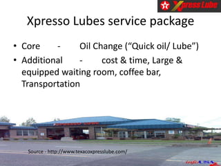 Xpresso Lubes service package
• Core - Oil Change (“Quick oil/ Lube”)
• Additional - cost & time, Large &
equipped waiting room, coffee bar,
Transportation
Source - http://www.texacoxpresslube.com/