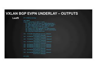 DC1-LF9#sh ip route bgp
VRF: default
Codes: C - connected, S - static, K - kernel,
O - OSPF, IA - OSPF inter area, E1 - OSPF external type 1,
E2 - OSPF external type 2, N1 - OSPF NSSA external type 1,
N2 - OSPF NSSA external type2, B I - iBGP, B E - eBGP,
R - RIP, I L1 - IS-IS level 1, I L2 - IS-IS level 2,
O3 - OSPFv3, A B - BGP Aggregate, A O - OSPF Summary,
NG - Nexthop Group Static Route, V - VXLAN Control Service,
DH - Dhcp client installed default route
B E 172.16.255.10/32 [20/0] via 10.10.10.1, Ethernet1
via 10.10.10.3, Ethernet2
B E 172.168.254.11/32 [20/0] via 10.10.10.1, Ethernet1
via 10.10.10.3, Ethernet2
B E 172.168.255.11/32 [20/0] via 10.10.10.1, Ethernet1
via 10.10.10.3, Ethernet2
B E 172.168.255.12/32 [20/0] via 10.10.10.1, Ethernet1
via 10.10.10.3, Ethernet2
B E 192.168.255.1/32 [20/0] via 10.10.10.1, Ethernet1
B E 192.168.255.2/32 [20/0] via 10.10.10.3, Ethernet2
B E 192.168.255.4/32 [20/0] via 10.10.10.1, Ethernet1
via 10.10.10.3, Ethernet2
B E 192.168.255.5/32 [20/0] via 10.10.10.1, Ethernet1
via 10.10.10.3, Ethernet2
B E 192.168.255.6/32 [20/0] via 10.10.10.1, Ethernet1
via 10.10.10.3, Ethernet2
DC1-LF9#
Leaf9
VXLAN BGP EVPN UNDERLAY – OUTPUTS
 