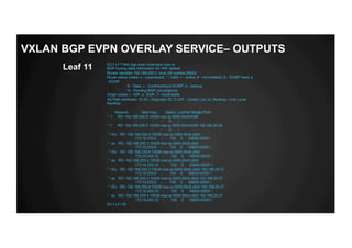 DC1-LF11#sh bgp evpn route-type mac-ip
BGP routing table information for VRF default
Router identifier 192.168.255.5, local AS number 65002
Route status codes: s - suppressed, * - valid, > - active, # - not installed, E - ECMP head, e
- ECMP
S - Stale, c - Contributing to ECMP, b - backup
% - Pending BGP convergence
Origin codes: i - IGP, e - EGP, ? - incomplete
AS Path Attributes: Or-ID - Originator ID, C-LST - Cluster List, LL Nexthop - Link Local
Nexthop
Network Next Hop Metric LocPref Weight Path
* > RD: 192.168.255.5:10028 mac-ip 5000.00c6.6396
- - - 0 i
* > RD: 192.168.255.5:10028 mac-ip 5000.00c6.6396 192.168.20.28
- - - 0 i
* >Ec RD: 192.168.255.3:10028 mac-ip 5000.00c6.c8d3
172.16.255.9 - 100 0 65000 65001 i
* ec RD: 192.168.255.3:10028 mac-ip 5000.00c6.c8d3
172.16.255.9 - 100 0 65000 65001 i
* >Ec RD: 192.168.255.4:10028 mac-ip 5000.00c6.c8d3
172.16.255.10 - 100 0 65000 65001 i
* ec RD: 192.168.255.4:10028 mac-ip 5000.00c6.c8d3
172.16.255.10 - 100 0 65000 65001 i
* >Ec RD: 192.168.255.3:10028 mac-ip 5000.00c6.c8d3 192.168.20.27
172.16.255.9 - 100 0 65000 65001 i
* ec RD: 192.168.255.3:10028 mac-ip 5000.00c6.c8d3 192.168.20.27
172.16.255.9 - 100 0 65000 65001 i
* >Ec RD: 192.168.255.4:10028 mac-ip 5000.00c6.c8d3 192.168.20.27
172.16.255.10 - 100 0 65000 65001 i
* ec RD: 192.168.255.4:10028 mac-ip 5000.00c6.c8d3 192.168.20.27
172.16.255.10 - 100 0 65000 65001 i
DC1-LF11#
Leaf 11
VXLAN BGP EVPN OVERLAY SERVICE– OUTPUTS
 