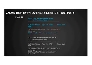 DC1-LF11#sh vxlan address-table vlan 28
Vxlan Mac Address Table
----------------------------------------------------------------------
VLAN Mac Address Type Prt VTEP Moves Last
Move
---- ----------- ---- --- ---- ----- ---------
28 5000.00c6.c8d3 EVPN Vx1 172.16.255.9 2
0:03:29 ago
Total Remote Mac Addresses for this criterion: 1
Leaf 11
VXLAN BGP EVPN OVERLAY SERVICE– OUTPUTS
DC1-LF11#sh vxlan address-table evpn vlan 28
Vxlan Mac Address Table
----------------------------------------------------------------------
VLAN Mac Address Type Prt VTEP Moves Last
Move
---- ----------- ---- --- ---- ----- ---------
28 5000.00c6.c8d3 EVPN Vx1 172.16.255.9 2
0:05:09 ago
Total Remote Mac Addresses for this criterion: 1
DC1-LF11#
 