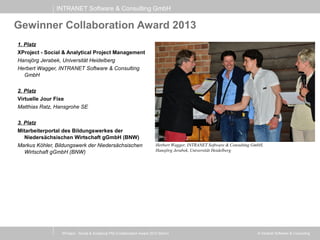 INTRANET Software & Consulting GmbH
© Intranet Software & Consulting
Gewinner Collaboration Award 2013
1. Platz
XProject - Social & Analytical Project Management
Hansjörg Jerabek, Universität Heidelberg
Herbert Wagger, INTRANET Software & Consulting
GmbH
2. Platz
Virtuelle Jour Fixe
Matthias Ratz, Hansgrohe SE
3. Platz
Mitarbeiterportal des Bildungswerkes der
Niedersächsischen Wirtschaft gGmbH (BNW)
Markus Köhler, Bildungswerk der Niedersächsischen
Wirtschaft gGmbH (BNW)
XProject - Social & Analytical PM (Collaboration Award 2013 Berlin)
Herbert Wagger, INTRANET Software & Consulting GmbH,
Hansjörg Jerabek, Universität Heidelberg
 