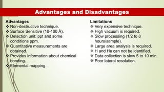 Advantages and Disadvantages
Advantages
 Non-destructive technique.
 Surface Sensitive (10-100 Å).
 Detection unit: ppt and some
conditions ppm.
 Quantitative measurements are
obtained.
 Provides information about chemical
bonding.
 Elemental mapping.
Limitations
 Very expensive technique.
 High vacuum is required.
 Slow processing (1/2 to 8
hours/sample).
 Large area analysis is required.
 H and He can not be identified.
 Data collection is slow 5 to 10 min.
 Poor lateral resolution.
 