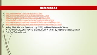 References
• http://www.seallabs.com/how-xps-works.html
• http://www.chem.qmul.ac.uk/surfaces/scc/scat5_3.htm
• http://ssrl.slac.stanford.edu/nilssongroup/corelevel.html
• http://goliath.emt.inrs.ca/surfsci/arxps/fundamentalscss.html
• http://www.casaxps.com/help_manual/XPSInformation/XPSInstr.htm
• http://www.lanl.gov/orgs/nmt/nmtdo/AQarchive/04summer/XPS.html
• X-Ray Photoelectron Spectroscopy (XPS) by David Echevarría Torres
• X-RAY PHOTOELECTRON SPECTROSCOPY (XPS) by Yağmur Celasun,Görkem
Erdoğan.Fatma Sırkınti
 