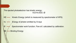 The ejected photoelectron has kinetic energy:
K.E=hv-B.E- Ø
KE Kinetic Energy (which is measured by spectrometer of XPS)
hv Energy of photon emitted by X-rays
Ø Spectrometer work function. Few eV. calculated by calibration.
BE Binding Energy
 