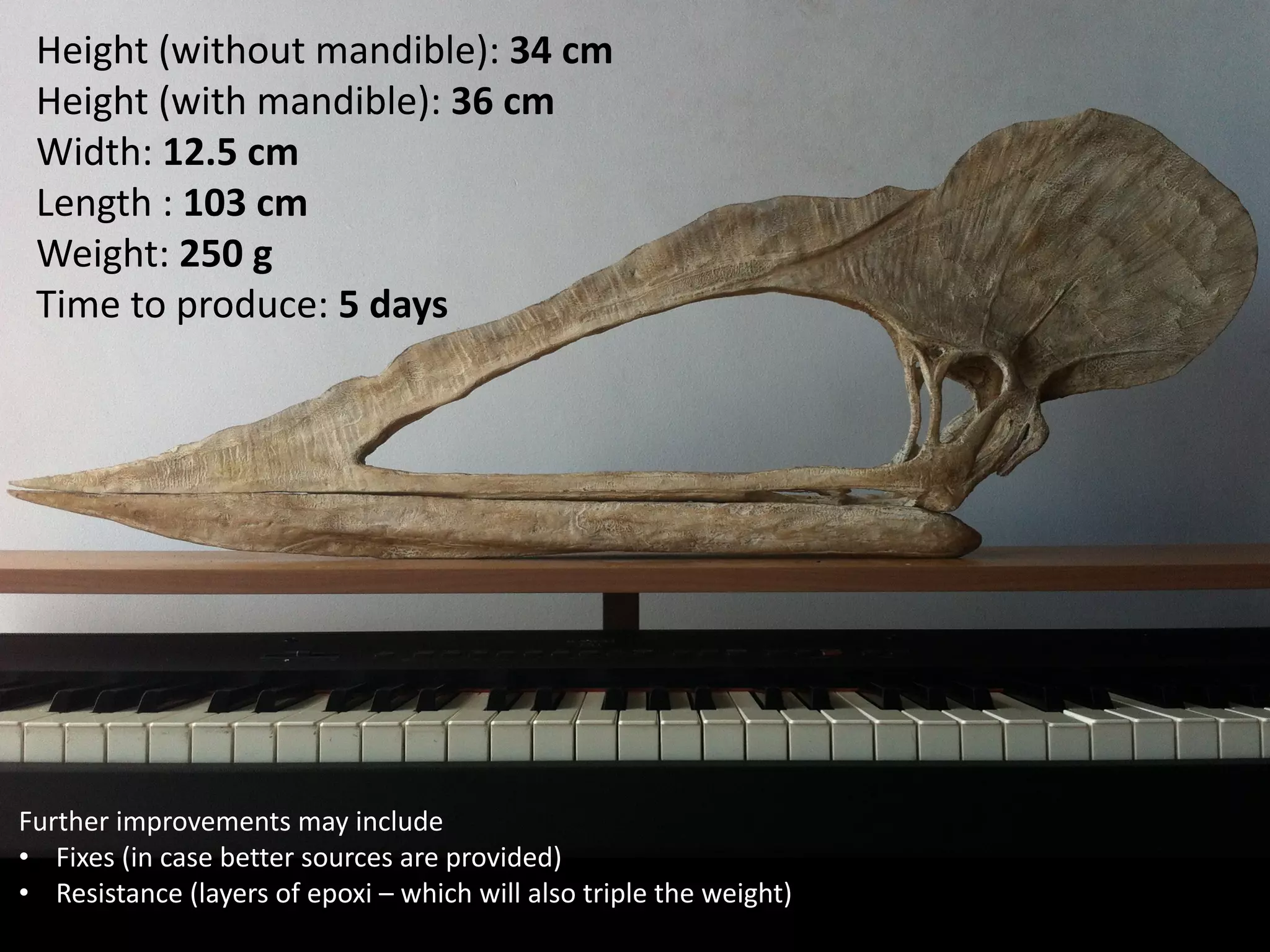 Height	(without	mandible):	34	cm	
Height	(with	mandible):	36	cm	
Width:	12.5	cm	
Length	:	103	cm	
Weight:	250	g	
Time	to	produce:	5	days
Further	improvements	may	include	
• Fixes	(in	case	better	sources	are	provided)	
• Resistance	(layers	of	epoxi	–	which	will	also	triple	the	weight)
 