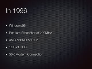 In 1996
Windows95
Pentium Processor at 200MHz
4MB or 8MB of RAM
1GB of HDD
56K Modem Connection
 