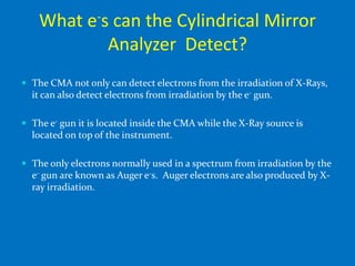What e-s can the Cylindrical Mirror
            Analyzer Detect?
 The CMA not only can detect electrons from the irradiation of X-Rays,
  it can also detect electrons from irradiation by the e- gun.

 The e- gun it is located inside the CMA while the X-Ray source is
  located on top of the instrument.

 The only electrons normally used in a spectrum from irradiation by the
  e- gun are known as Auger e-s. Auger electrons are also produced by X-
  ray irradiation.
 