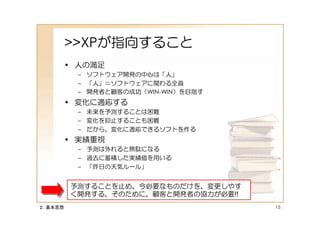 >>XPが指向すること
         • 人の満足
           – ソフトウェア開発の中心は「人」
           – 「人」＝ソフトウェアに関わる全員
           – 開発者と顧客の成功（WIN-WIN）を目指す
         • 変化に適応する
           – 未来を予測することは困難
           – 変化を抑止することも困難
           – だから、変化に適応できるソフトを作る
         • 実績重視
           – 予測は外れると無駄になる
           – 過去に蓄積した実績値を用いる
           – 「昨日の天気ルール」


         予測することを止め、今必要なものだけを、変更しやす
         く開発する。そのために、顧客と開発者の協力が必要!!
２．基本思想                                15
 