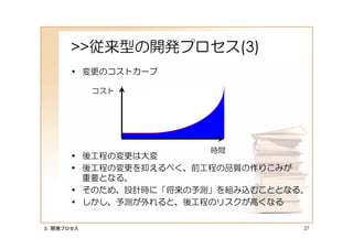 >>従来型の開発プロセス(3)
      • 変更のコストカーブ

           コスト




                       時間
      • 後工程の変更は大変
      • 後工程の変更を抑えるべく、前工程の品質の作りこみが
        重要となる。
      • そのため、設計時に「将来の予測」を組み込むこととなる。
      • しかし、予測が外れると、後工程のリスクが高くなる


３．開発プロセス                          27
 