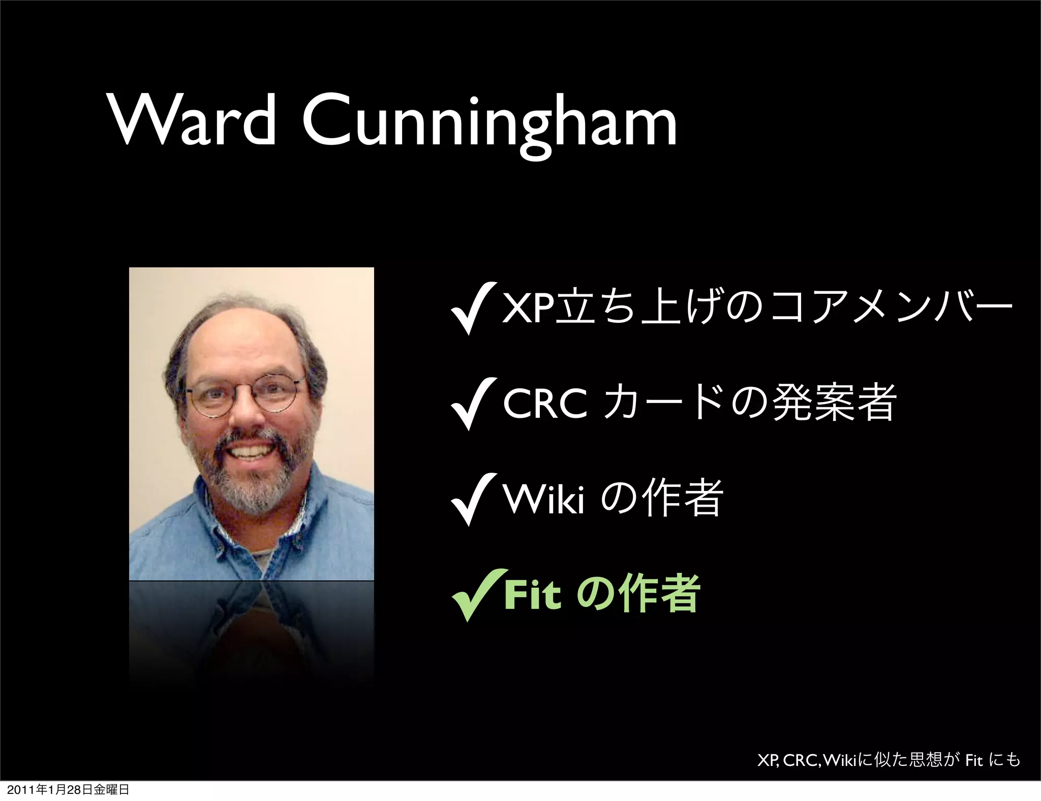 Ward Cunningham

                        ✓XP
                        ✓CRC
                        ✓Wiki
                        ✓Fit
                                  XP, CRC, Wiki   Fit
2011   1   28
 