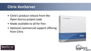 • Citrix’s product release from the
Open Source project code
• Made available to all for free
• Optional commercial support offering
from Citrix
Citrix XenServer
 