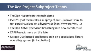 • The Xen Hypervisor: the main game
• PVOPS: (not technically a subproject, but…) allows Linux to
run paravirtualized on a hypervisor (Xen, VMware VMI, …)
• The Xen ARM Hypervisor: branching into new architecture
• XAPI Project: more on this later
• Mirage OS: focused appliances built on a specialized library
operating system (in incubation)
The Xen Project Subproject Teams
 