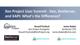 James Bulpin
XenServer CTO
James.Bulpin@citrix.com
Xen Project User Summit - Xen, XenServer,
and XAPI: What’s the Difference?
@JamesBulpin
Russell Pavlicek
Xen Project Evangelist
Russell.Pavlicek@XenProject.org
@RCPavlicek
 