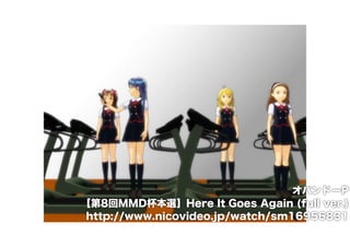 オバンドーP 
【第8回MMD杯本選】Here It Goes Again (full ver.) 
http://www.nicovideo.jp/watch/sm16956831 
 