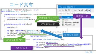 / 39
コード共有
16
共有コード
Android 用コード
iOS 用コード
参照して使用
Android の API
C# の API
 