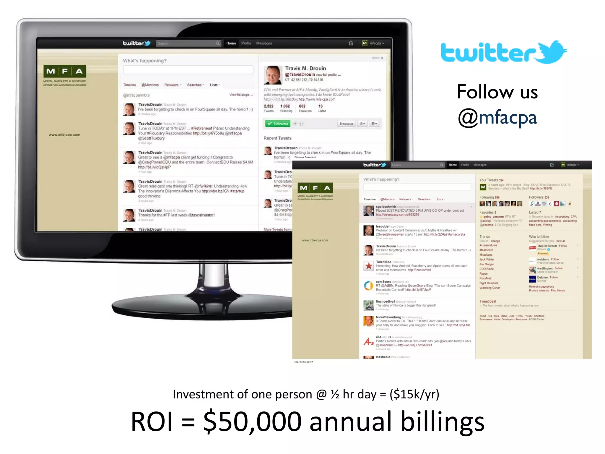Investment of one person @ ½ hr day = ($15k/yr)  ROI = $50,000 annual billings Follow us @ mfacpa 