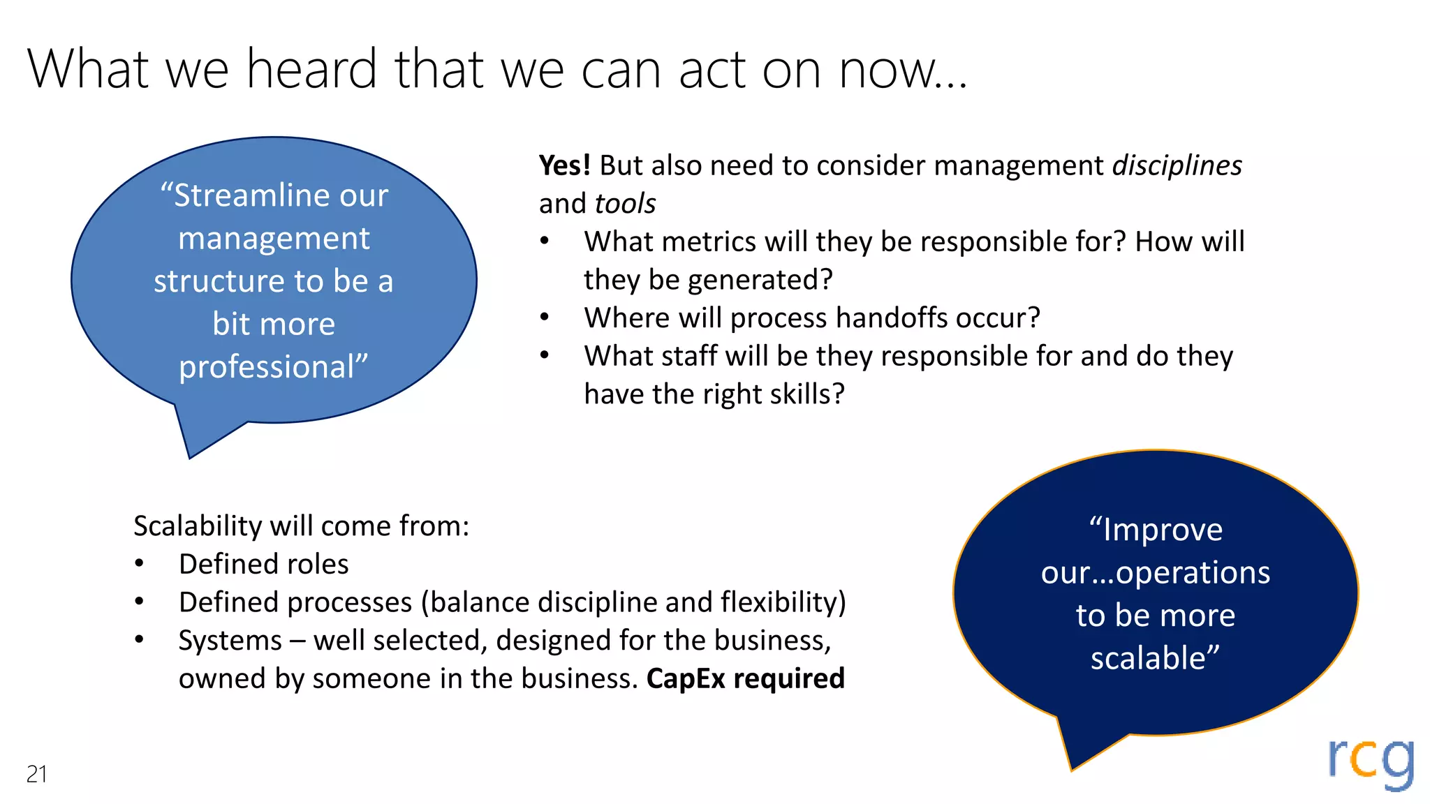 What we heard that we can act on now…
“Streamline our
management
structure to be a
bit more
professional”
Yes! But also need to consider management disciplines
and tools
• What metrics will they be responsible for? How will
they be generated?
• Where will process handoffs occur?
• What staff will be they responsible for and do they
have the right skills?
“Improve
our…operations
to be more
scalable”
Scalability will come from:
• Defined roles
• Defined processes (balance discipline and flexibility)
• Systems – well selected, designed for the business,
owned by someone in the business. CapEx required
21
 