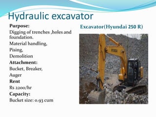 Hydraulic excavator
Excavator(Hyundai 250 R)Purpose:
Digging of trenches ,holes and
foundation.
Material handling,
Pising,
Demolition
Attachment:
Bucket, Breaker,
Auger
Rent
Rs 2200/hr
Capacity:
Bucket size: 0.93 cum
 