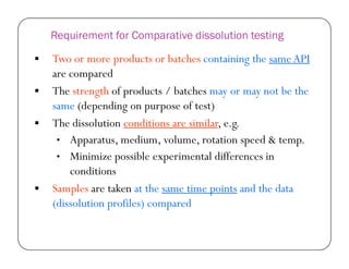 Requirement for Comparative dissolution testing
 Two or more products or batches containing the same API
are compared
 The strength of products / batches may or may not be the
same (depending on purpose of test)
 The dissolution conditions are similar, e.g.
Apparatus, medium, volume, rotation speed & temp.• Apparatus, medium, volume, rotation speed & temp.
• Minimize possible experimental differences in
conditions
 Samples are taken at the same time points and the data
(dissolution profiles) compared
 