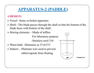 APPARATUS-2 (PADDLE)
 DESIGN:
 Vessel: -Same as basket apparatus
 Shaft: -The blade passes through the shaft so that the bottom of the
blade fuses with bottom of the shaft.
 Stirring elements: -Made of tefflon
For laboratory purposeFor laboratory purpose
-Stainless steel 316
 Water-bath: -Maintains at 37±0.5°C
 Sinkers : -Platinum wire used to prevent
tablet/capsule from floating
 