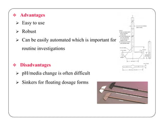  Advantages
 Easy to use
 Robust
 Can be easily automated which is important for
routine investigations
 Disadvantages Disadvantages
 pH/media change is often difficult
 Sinkers for floating dosage forms
 