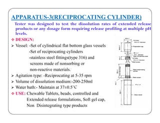 APPARATUS-3(RECIPROCATING CYLINDER)
Tester was designed to test the dissolution rates of extended release
products or any dosage form requiring release profiling at multiple pH
levels.
 DESIGN:
 Vessel: -Set of cylindrical flat bottom glass vessels
-Set of reciprocating cylinders
-stainless steel fittings(type 316) and
screens made of nonsorbing orscreens made of nonsorbing or
non-reactive materials.
 Agitation type: -Reciprocating at 5-35 rpm
 Volume of dissolution medium:-200-250ml
 Water bath:- Maintain at 37±0.5°C
 USE: Chewable Tablets, beads, controlled and
Extended release formulations, Soft gel cap,
Non Disintegrating type products
 