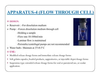 APPARATUS-4 (FLOW THROUGH CELL)
 DESIGN:
 Reservoir : -For dissolution medium
 Pump : -Forces dissolution medium through cell
-Holding a sample
-Flow rate 10-100ml/min
-Laminar flow is maintained
-Peristaltic/centrifugal pumps are not recommended
 Water bath:- Maintain at 37±0.5°C
 USE:
 Modified-release dosage forms and immediate-release dosage forms
 Soft gelatin capsules, beaded products, suppositories, or injectable-depot dosage forms
 Suspension-type extended-release dosage forms for oral or parenteral use, or ocular
application.
 