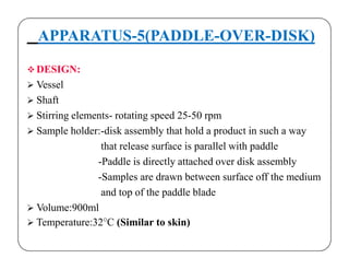 APPARATUS-5(PADDLE-OVER-DISK)
 DESIGN:
 Vessel
 Shaft
 Stirring elements- rotating speed 25-50 rpm
 Sample holder:-disk assembly that hold a product in such a way Sample holder:-disk assembly that hold a product in such a way
that release surface is parallel with paddle
-Paddle is directly attached over disk assembly
-Samples are drawn between surface off the medium
and top of the paddle blade
 Volume:900ml
 Temperature:32°C (Similar to skin)
 