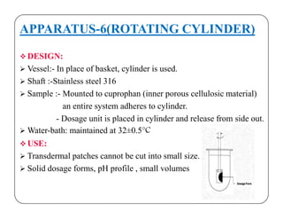 APPARATUS-6(ROTATING CYLINDER)
 DESIGN:
 Vessel:- In place of basket, cylinder is used.
 Shaft :-Stainless steel 316
 Sample :- Mounted to cuprophan (inner porous cellulosic material)
an entire system adheres to cylinder.an entire system adheres to cylinder.
- Dosage unit is placed in cylinder and release from side out.
 Water-bath: maintained at 32±0.5°C
 USE:
 Transdermal patches cannot be cut into small size.
 Solid dosage forms, pH profile , small volumes
 