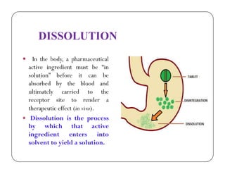 DISSOLUTION
 In the body, a pharmaceutical
active ingredient must be “in
solution” before it can be
absorbed by the blood andabsorbed by the blood and
ultimately carried to the
receptor site to render a
therapeutic effect (in vivo).
 Dissolution is the process
by which that active
ingredient enters into
solvent to yield a solution.
 