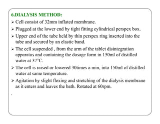 6.DIALYSIS METHOD:
 Cell consist of 32mm inflated membrane.
 Plugged at the lower end by tight fitting cylindrical perspex box.
 Upper end of the tube held by thin perspex ring inserted into the
tube and secured by an elastic band.
 The cell suspended , from the arm of the tablet disintegration
apparatus and containing the dosage form in 150ml of distilled
water at 37°C.water at 37°C.
 The cell is raised or lowered 30times a min, into 150ml of distilled
water at same temperature.
 Agitation by slight flexing and stretching of the dialysis membrane
as it enters and leaves the bath. Rotated at 60rpm.
.
 