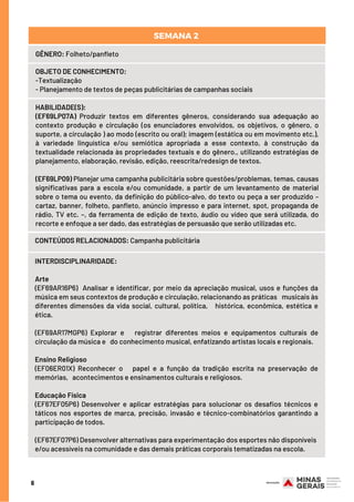 6
GÊNERO: Folheto/panfleto
OBJETO DE CONHECIMENTO:
-Textualização
- Planejamento de textos de peças publicitárias de campanhas sociais
HABILIDADE(S):
(EF69LP07A) Produzir textos em diferentes gêneros, considerando sua adequação ao
contexto produção e circulação (os enunciadores envolvidos, os objetivos, o gênero, o
suporte, a circulação ) ao modo (escrito ou oral); imagem (estática ou em movimento etc.),
à variedade linguística e/ou semiótica apropriada a esse contexto, à construção da
textualidade relacionada às propriedades textuais e do gênero., utilizando estratégias de
planejamento, elaboração, revisão, edição, reescrita/redesign de textos.
(EF69LP09) Planejar uma campanha publicitária sobre questões/problemas, temas, causas
significativas para a escola e/ou comunidade, a partir de um levantamento de material
sobre o tema ou evento, da definição do público-alvo, do texto ou peça a ser produzido –
cartaz, banner, folheto, panfleto, anúncio impresso e para internet, spot, propaganda de
rádio, TV etc. –, da ferramenta de edição de texto, áudio ou vídeo que será utilizada, do
recorte e enfoque a ser dado, das estratégias de persuasão que serão utilizadas etc.
CONTEÚDOS RELACIONADOS: Campanha publicitária
SEMANA 2 
INTERDISCIPLINARIDADE:
Arte
(EF69AR16P6) Analisar e identificar, por meio da apreciação musical, usos e funções da
música em seus contextos de produção e circulação, relacionando as práticas musicais às
diferentes dimensões da vida social, cultural, política, histórica, econômica, estética e
ética.
(EF69AR17MGP6) Explorar e registrar diferentes meios e equipamentos culturais de
circulação da música e do conhecimento musical, enfatizando artistas locais e regionais.
Ensino Religioso
(EF06ER01X) Reconhecer o papel e a função da tradição escrita na preservação de
memórias, acontecimentos e ensinamentos culturais e religiosos.
Educação Física
(EF67EF05P6) Desenvolver e aplicar estratégias para solucionar os desafios técnicos e
táticos nos esportes de marca, precisão, invasão e técnico-combinatórios garantindo a
participação de todos.
(EF67EF07P6) Desenvolver alternativas para experimentação dos esportes não disponíveis
e/ou acessíveis na comunidade e das demais práticas corporais tematizadas na escola.
 