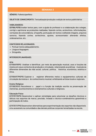 9
GÊNERO: Folheto/panfleto
OBJETO DE CONHECIMENTO: Textualização/produção e edição de textos publicitários
HABILIDADE(S):
(EF69LP07B) Avaliar textos para, com a ajuda do professor e a colaboração dos colegas,
corrigir e aprimorar as produções realizadas, fazendo cortes, acréscimos, reformulações,
correções de concordância, ortografia, pontuação em textos e editando imagens, arquivos
sonoros, fazendo cortes, acréscimos, ajustes, acrescentado/ alterando efeitos,
ordenamentos, etc.
Pontuar textos adequadamente,                                                                                                         
Lìngua e linguagem;
Ortografia.
CONTEÚDOS RELACIONADOS:
SEMANA 3 
INTERDISCIPLINARIDADE:
Arte
(EF69AR16P6) Analisar e identificar, por meio da apreciação musical, usos e funções da
música em seus contextos de produção e circulação, relacionando as práticas musicais às
diferentes dimensões da vida social, cultural, política, histórica, econômica, estética e
ética.
(EF69AR17MGP6) Explorar e registrar diferentes meios e equipamentos culturais de
circulação da música e do conhecimento musical, enfatizando artistas locais e regionais.
Ensino Religioso
(EF06ER01X) Reconhecer o papel e a função da tradição escrita na preservação de
memórias, acontecimentos e ensinamentos culturais e religiosos.
Educação Física
(EF67EF05P6) Desenvolver e aplicar estratégias para solucionar os desafios técnicos e
táticos nos esportes de marca, precisão, invasão e técnico-combinatórios garantindo a
participação de todos.
(EF67EF07P6) Desenvolver alternativas para experimentação dos esportes não disponíveis
e/ou acessíveis na comunidade e das demais práticas corporais tematizadas na escola.
 