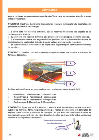 Vamos conhecer um pouco do que você já sabe? Leia cada pergunta com atenção e pense
antes de responder.
ATIVIDADE 1 - O petróleo é uma fonte de energia não renovável muito explorada. Esse fato pode
provocar futuramente uma redução
(    ) porém este fato não será definitivo, pois as reservas de petróleo são capazes de se
renovarem naturalmente.
(     )  porém este fato não será definitivo, pois o Brasil tem tecnologia para produzir o petróleo.
(  )  e consequentemente, um esgotamento do petróleo, pois a quantidade dessa fonte de
energia existente no planeta é limitada, já que se trata de um recurso não renovável.
(    ) e ocasionalmente, a  descobertas de  novas áreas no planeta para a extração esgotamento
do petróleo.
 
ATIVIDADE 2 - Analise com muita atenção o esquema abaixo que mostra o processo de
formação das rochas:
ATIVIDADES
Assinale a alternativa que apresenta as legendas corretas para os números de 1 a 3.
(   ) 1 – Magmáticas, 2 - Sedimentares, 3 – Metamórficas
(    ) 1 – Metamórficas, 2 - Magmáticas, 3 – Sedimentares
(    ) 1 - Metamórficas, 2 - Sedimentares, 3 - Magmáticas
(   ) 1 - Sedimentares, 2- Magmáticas, 3 - Metamórficas
ATIVIDADE 3 - Agora que você já estudou o assunto, você já sabe que a crosta e o manto
superior da Terra são formados principalmente por rochas. Sendo assim, tem condições de
explicar como ocorreu o processo de formação, do que elas são constituídas e quais as
principais diferenças entre os três tipos de rochas. Lembre-se de comentar sobre os recursos
minerais e sua importância econômica.
40
 
