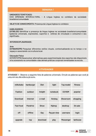 UNIDADE(S) TEMÁTICA(S):
EIXO DIMENSÃO INTERCULTURAL - A Língua Inglesa no cotidiano da sociedade
brasileira/comunidade
OBJETO DE CONHECIMENTO: Presença da Língua Inglesa no cotidiano
HABILIDADE(S):
(EF06LI25) Identificar a presença da língua inglesa na sociedade brasileira/comunidade
(palavras universais, expressões, suportes e  esferas de circulação e consumo) e seu
significado.
SEMANA 1
INTERDISCIPLINARIDADE:
Arte
(EF69AR02P6) Pesquisar diferentes estilos visuais, contextualizando-os no tempo e no
espaço e associando-os à cultura local.
Educação Física
(EF67EF07P6) Desenvolver alternativas para experimentação dos esportes não disponíveis
e/ou acessíveis na comunidade e das demais práticas corporais tematizadas na escola.
ATIVIDADE 1 - Observe a seguinte lista de palavras universais. Circule as palavras que você já
usou em seu dia a dia ou já ouviu.
ATIVIDADES
70
milkshake hamburger Diet light Top model fitness
Fashion outdoor Insight notebook CD ROM popstar
Download Internet e-mail Hotdog Showroom shopping
Fast food Pendrive Show Hiphop desktop On sale
off offline Gay Pay per view usernane login
upgrade top download play Messenger lanhouse
 
