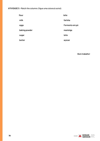 79
ATIVIDADE 5 - Match the columns  (ligue uma coluna à outra):
flour
milk
eggs
baking powder
sugar
butter
leite
farinha
Fermento em pó
manteiga
leite
açúcar
Bom trabalho!
 