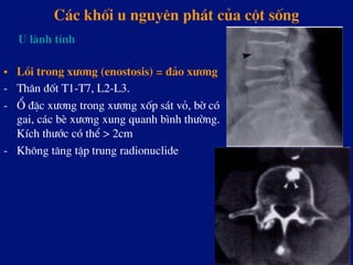 C¸c khèi u nguyªn ph¸t cña cét sèng
•  Låi trong x­¬ng (enostosis) = ®¶o x­¬ng
-  Th©n ®èt T1-T7, L2-L3.
-  æ ®Æc x­¬ng trong x­¬ng xèp s¸t vá, bê cã
gai, c¸c bÌ x­¬ng xung quanh b×nh th­êng.
KÝch th­íc cã thÓ > 2cm
-  Kh«ng t¨ng tËp trung radionuclide
U lµnh tÝnh
 
