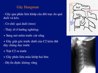 G·y Hangman
- G·y qua phÇn liªn khíp cña ®èt trôc do qu¸
duçi vµ kÐo.
- C¬ chÕ: qu¸ duçi (treo)
- ThÊy râ ë h­íng nghiªng:
+ S­ng m« mÒm tr­íc cét sèng
+ G·y giËt gãc tr­íc d­íi cña C2 kÌm ®øt
d©y ch»ng däc tr­íc
+ TrËt C2 ra tr­íc
+ G·y phÇn liªn m¸u khíp hai bªn
- §é æn ®Þnh: kh«ng v÷ng
 