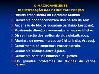 O MACROAMBIENTE
IDENTIFICAÇÃO DAS PRINCIPAIS FORÇAS
1. Rápido crescimento do Comércio Mundial.
2. Crescente poder econômico dos países da Ásia.
3. Ascensão de blocos econômicos(União Européia).
4. Movimento direção a economias antes socialistas.
5. Disseminação dos estilos de vida globalizados.
6. Abertura de novos mercados(China, Índia, Árabes).
7. Crescimento de empresas transnacionais.
8. Crescente alianças estratégicas.
9. Crescente conflitos étnicos e religiosos.
10.Os grandes problemas de dívidas de vários
países.
 