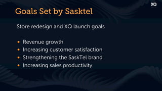 Goals Set by Sasktel
Store redesign and XQ launch goals

!   Revenue growth
!   Increasing customer satisfaction
!   Strengthening the SaskTel brand
!   Increasing sales productivity
 