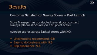 Results
Customer Satisfaction Survey Scores – Post Launch

Store Manager has conducted several post contact
surveys (all questions are on a 10 point scale):

Average scores across Sasktel stores with XQ:

! Likelihood to recommend: 9.8
! Easy to do business with: 9.5
! Rep experience: 9.6
 