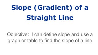 Slope (Gradient) of a
Straight Line
Objective: I can define slope and use a
graph or table to find the slope of a line
 