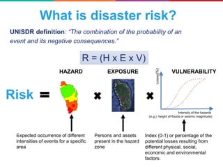 What is disaster risk?
UNISDR definition: “The combination of the probability of an
event and its negative consequences.”
Intensity of the hazards
(e.g.): height of floods or seismic magnitude)
Losses(%)
Risk
Expected occurrence of different
intensities of events for a specific
area
Persons and assets
present in the hazard
zone
Index (0-1) or percentage of the
potential losses resulting from
different physical, social,
economic and environmental
factors.
HAZARD EXPOSURE VULNERABILITY
R = (H x E x V)
 