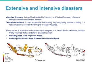 Extensive and Intensive disasters
Intensive disasters: is used to describe high-severity, mid to low-frequency disasters,
mainly associated with major hazards.
Extensive disasters: is used to describe low-severity, high-frequency disasters, mainly but
not exclusively associated with highly localized hazards.
After a series of statistical and mathematical analyses, the thresholds for extensive disaster
finally obtained that an extensive disaster is when:
 Mortality: less than 30 people killed.
 Housing destruction: less than 600 houses destroyed
100 – 1 000
1 000 – 10 000
1
1- 10
10 – 100
> 10 000
No data
Extensive Intensive
 