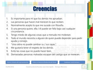 <<- las emociones, los pensamientos,
las esperanzas, las opiniones…
probablemente no puedan medirse
directamente, sin embargo, pueden
obtenerse aproximaciones útiles para
su estudio.
)”}
)^n}
.
Creencias
1. Es importante para mí que los demás me aprueban.
2. Las personas que hacen mal merecen lo que reciben.
3. Normalmente acepto lo que me sucede con filosofía.
4. Si una persona quiere, ella / él puede ser feliz bajo casi cualquier
circunstancia.
5. Tengo miedo de algunas cosas que a menudo me molestan.
6. Todo el mundo necesita a alguien de quien puede depender para pedir
ayuda y consejo.
7. "Una cebra no puede cambiar su / sus rayas."
8. Me gustaría tener el respeto de los demás.
9. Evito las cosas que no puedo hacer bien.
10. Demasiadas personas malvadas escapan del castigo que se merecen.
18/08/2016 Construcción de Escalas: una vista rápida - Enrique Morosini 101
Volver al inicio de la presentación Volver al inicio de Redacción de Ítems Continuar con la lectura…
 