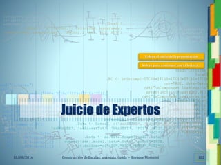 <<- las emociones, los pensamientos,
las esperanzas, las opiniones…
probablemente no puedan medirse
directamente, sin embargo, pueden
obtenerse aproximaciones útiles para
su estudio.
)”}
)^n}
.
Construcción de Escalas: una vista rápida - Enrique Morosini18/08/2016 102
Juicio de Expertos
Volver al inicio de la presentación
Volver para continuar con la lectura…
 