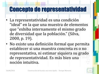 <<- las emociones, los pensamientos,
las esperanzas, las opiniones…
probablemente no puedan medirse
directamente, sin embargo, pueden
obtenerse aproximaciones útiles para
su estudio.
)”}
)^n}
.
Concepto de representatividad
• La representatividad es una condición
“ideal” en la que una muestra de elementos
que “exhiba internamente el mismo grado
de diversidad que la población.” (Silva,
2000, p. 19).
• No existe una definición formal que permita
establecer si una muestra concreta es o no
representativa, ni estimar siquiera su grado
de representatividad. Es más bien una
noción intuitiva.
18/08/2016 Construcción de Escalas: una vista rápida - Enrique Morosini 114
 